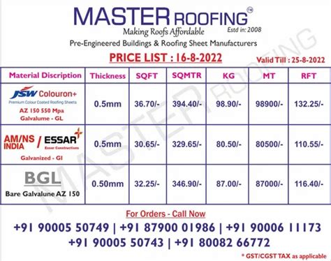 tata roof sheet price list